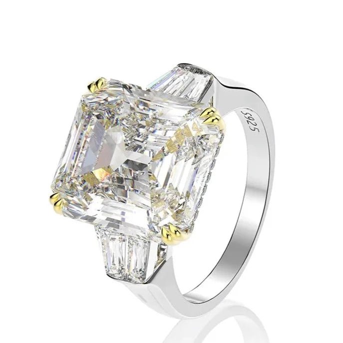 14 Carat Brilliant Emerald Cut Cubic Zirconia Accent Solitaire Statement Ring in Platinum Plated Sterling Silver - Boutique Pavè