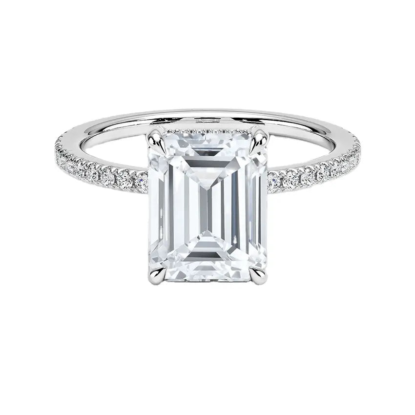 1.5 Carat Brilliant Emerald Cut Lab Created Diamond Eternity Hidden Halo Engagement Ring in 18 Karat Gold - Boutique Pavè