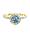 1.5 Carat Brilliant Round Cut Lab Created Vivid Blue Diamond Pavè Halo Engagement Ring in 14 Karat Gold - Boutique Pavè