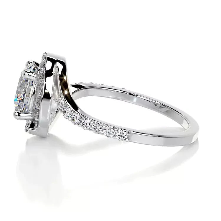 1.5 Carat Brilliant Round Cut Moissanite Twisted Shank Halo Engagement Ring in 14 Karat White Gold Pave Band - Boutique Pavè