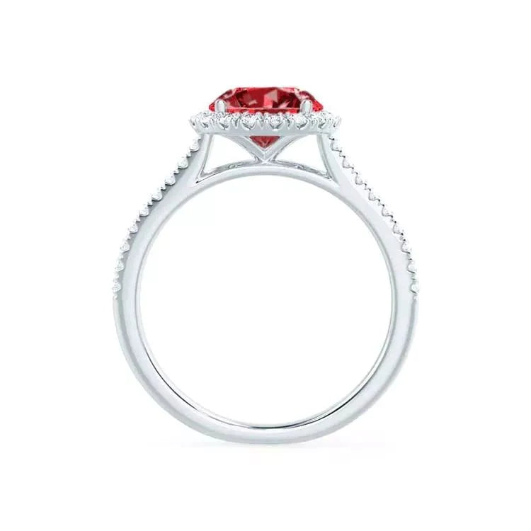 1.5 Carat Lab Created Ruby and Pave Moissanite Halo Engagement Ring in 18 Karat Gold - Boutique Pavè