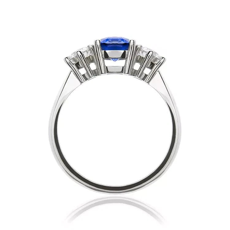 1.5 Carat Lab Created Sapphire and Moissanite Three Stone Engagement Ring in 14 Karat Gold - Boutique Pavè