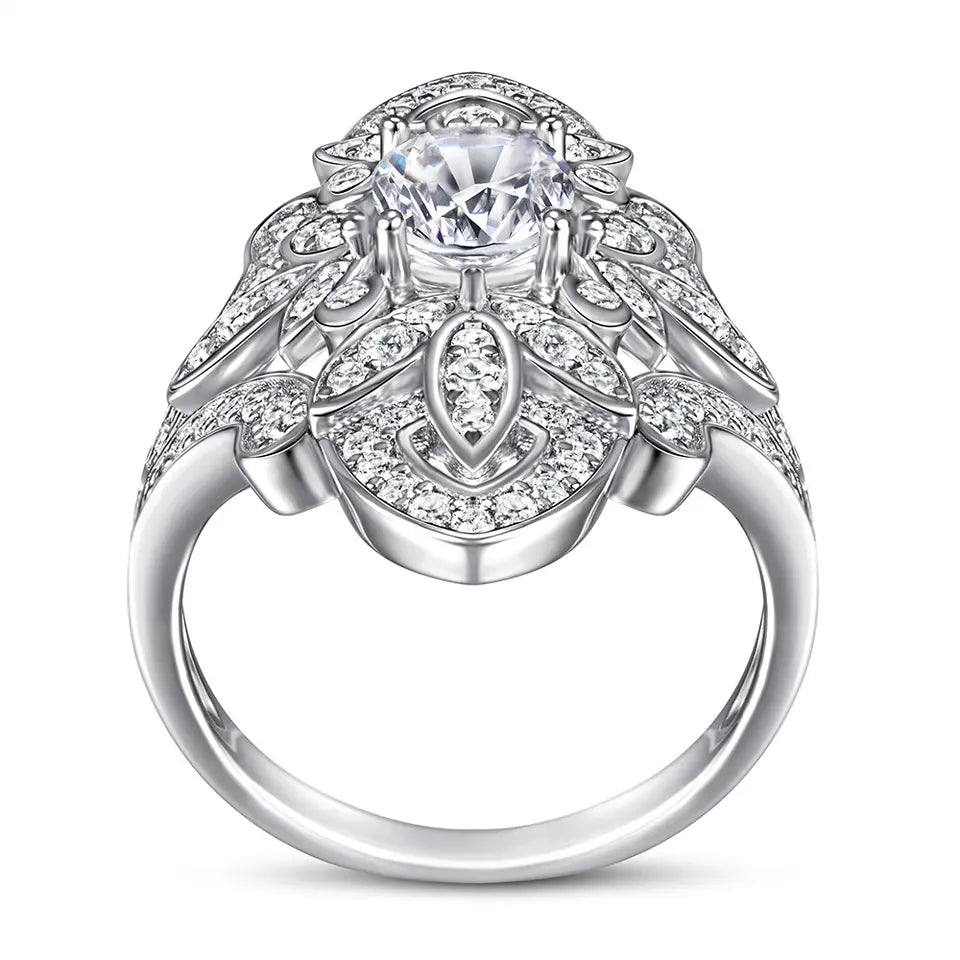 1.5 Carat Oval Cut 5A Rated Cubic Zirconia Antique Inspired Engagement Ring in Platinum Plated Sterling Silver - Boutique Pavè
