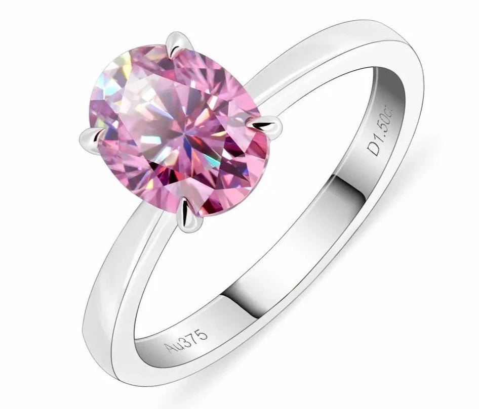 1.5 Carat Oval Cut Fancy Pink Moissanite Solitaire Engagement Ring in 18 Karat White Gold - Boutique Pavè