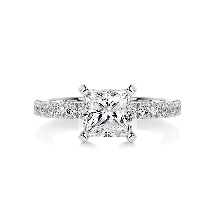 1.5 Carat Princess Cut Lab Created Diamond Solitaire Pave Engagement Ring - 14 Karat White Gold - Boutique Pavè