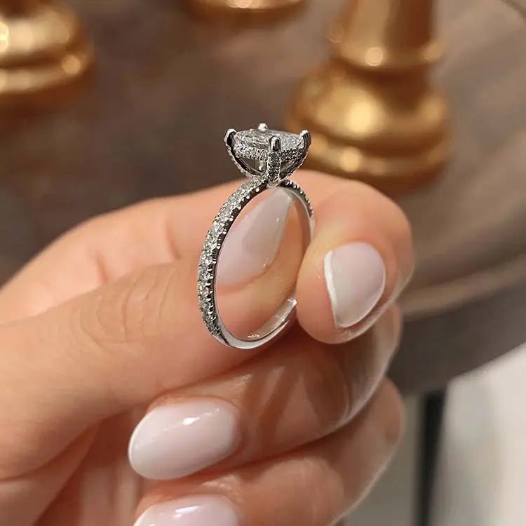 1.5 Carat Radiant Cut Moissanite Hidden Halo Pave Solitaire Engagement Ring in Platinum - Boutique Pavè