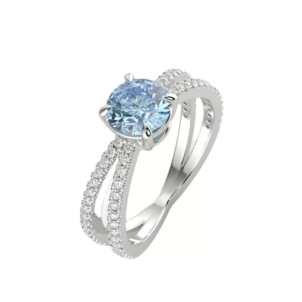 1.5 Carat Round Cut Lab Created Blue Diamond Pave Split Band Engagement Ring in 18 Karat White Gold - Boutique Pavè