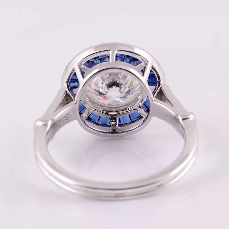 1.70 Carat Round Cut Moissanite and Lab Created Sapphire Engagement Ring in 14 Karat White Gold - Boutique Pavè