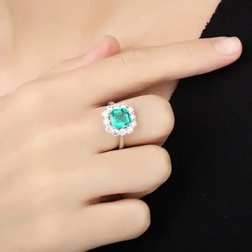 2 Carat Asscher Cut Lab Created Colombian Emerald and Moissanite Engagement Ring in 9 Karat Gold - Boutique Pavè