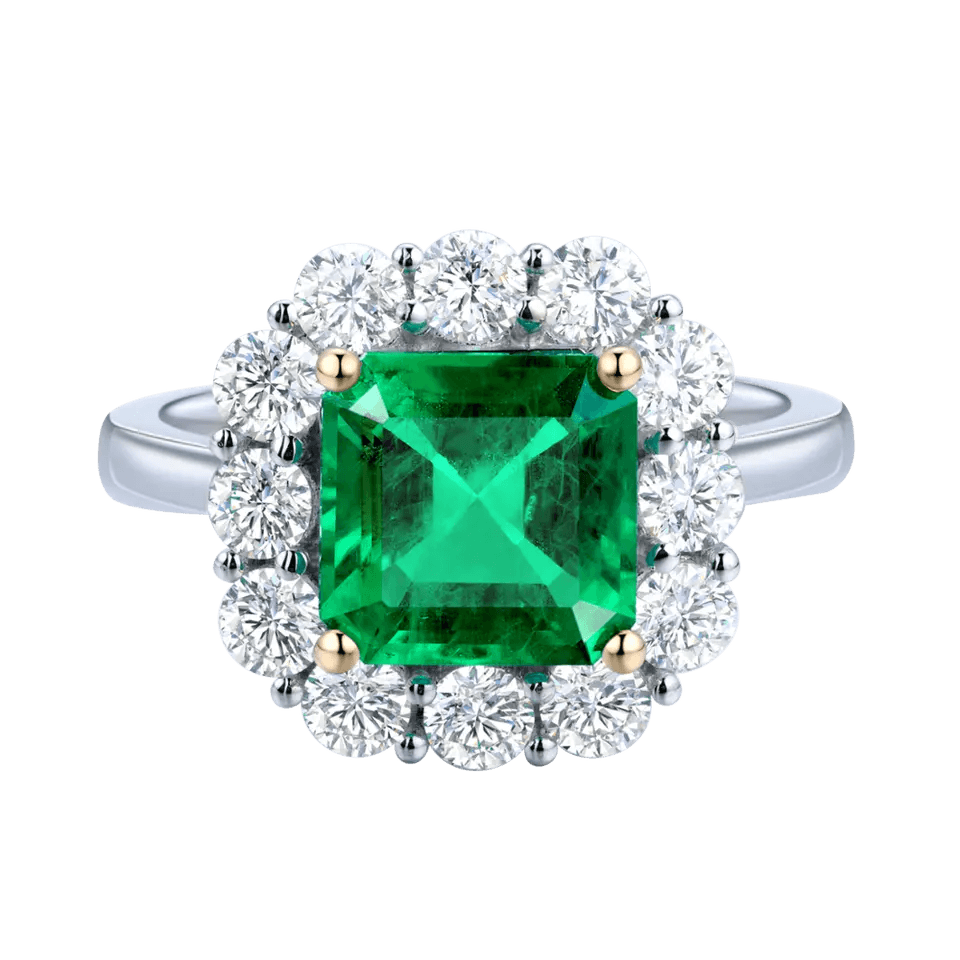 2 Carat Asscher Cut Lab Created Colombian Emerald and Moissanite Engagement Ring in 9 Karat Gold - Boutique Pavè