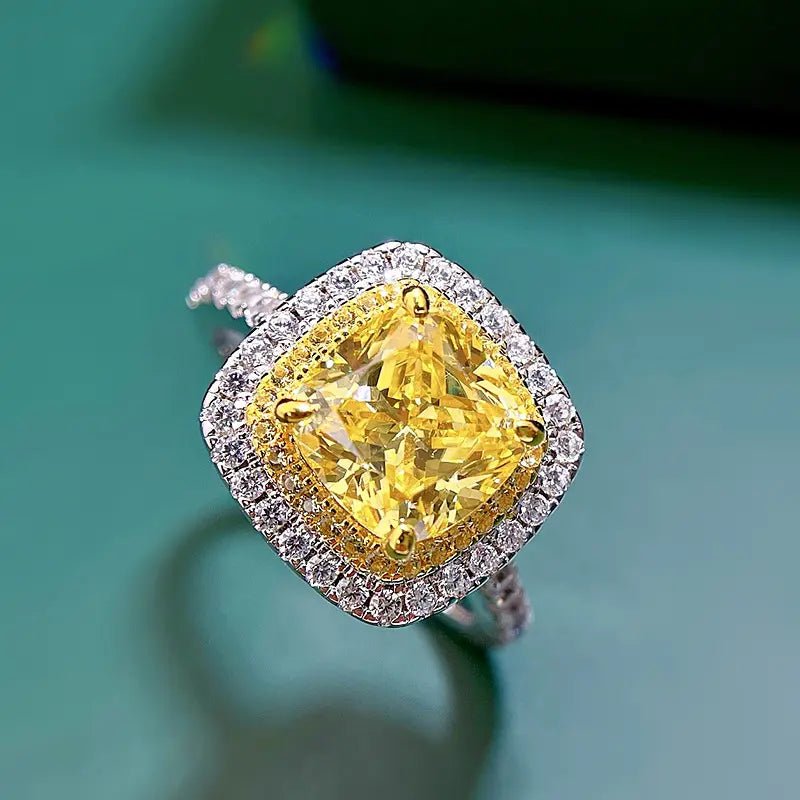 2 Carat Cushion Cut Canary Cubic Zirconia Double Halo Engagement Ring in Platinum Plated Sterling Silver - Boutique Pavè