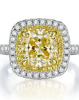 2 Carat Cushion Cut Canary Cubic Zirconia Double Halo Engagement Ring in Platinum Plated Sterling Silver - Boutique Pavè