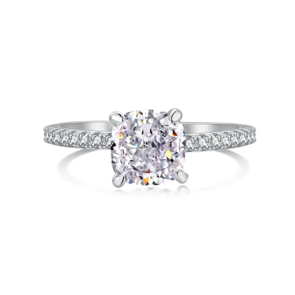 2 Carat Cushion Cut Cubic Zirconia Pave Solitaire Engagement Ring in Platinum Plated Sterling Silver - Boutique Pavè