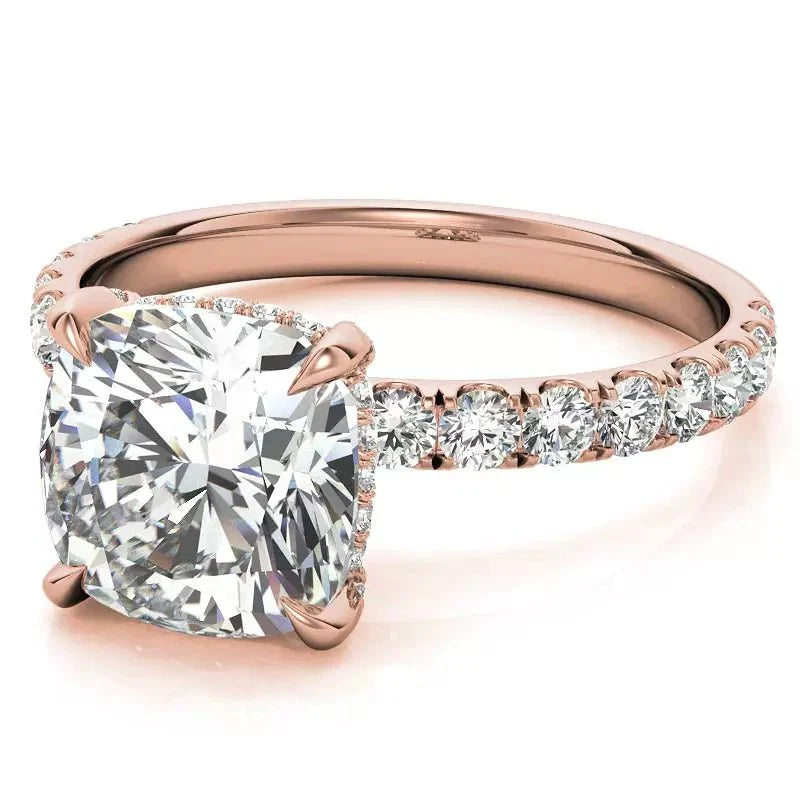 2 Carat Cushion Cut Lab Created Diamond Pave Solitaire Hidden Halo Engagement Ring in 14 Karat Rose Gold - Boutique Pavè