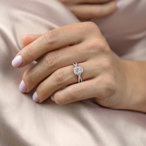 2 Carat Cushion Cut Moissanite Twisted Shank Engagement Ring in 14 Karat White Gold - Boutique Pavè