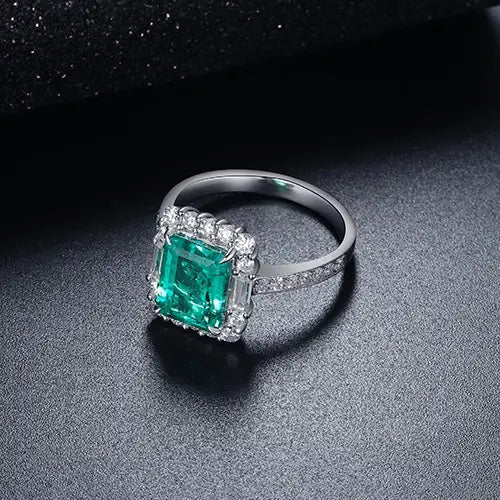 2 Carat Emerald Cut Lab Created Colombian Emerald Fancy Halo Engagement Ring in 9 Karat Gold - Boutique Pavè