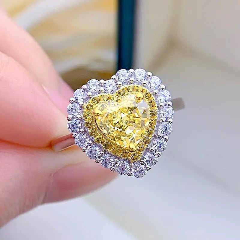 2 Carat Heart Cut Fancy Yellow Cubic Zirconia Halo Engagement Ring in Platinum Plated Sterling Silver - Boutique Pavè