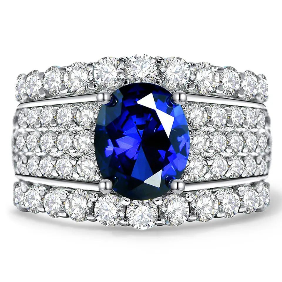 2 Carat Oval Cut Blue Sapphire Cubic Zirconia Designer Statement Ring in Platinum Plated Sterling Silver - Boutique Pavè