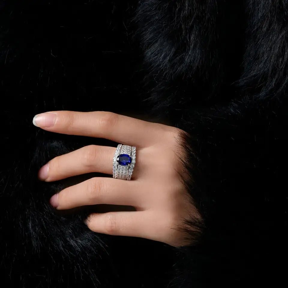 2 Carat Oval Cut Blue Sapphire Cubic Zirconia Designer Statement Ring in Platinum Plated Sterling Silver - Boutique Pavè
