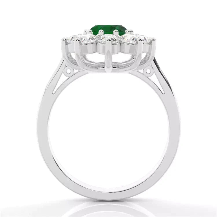 2 Carat Oval Cut Lab Created Emerald and Round Moissanite Halo Engagement Ring in 18 Karat Gold - Boutique Pavè