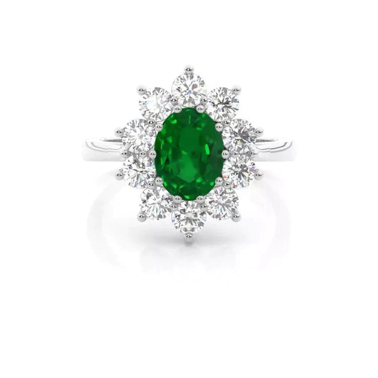 2 Carat Oval Cut Lab Created Emerald and Round Moissanite Halo Engagement Ring in 18 Karat Gold - Boutique Pavè