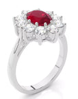 2 Carat Oval Cut Lab Created Ruby and Round Moissanite Halo Engagement Ring in 18 Karat Gold - Boutique Pavè