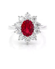 2 Carat Oval Cut Lab Created Ruby and Round Moissanite Halo Engagement Ring in 18 Karat Gold - Boutique Pavè