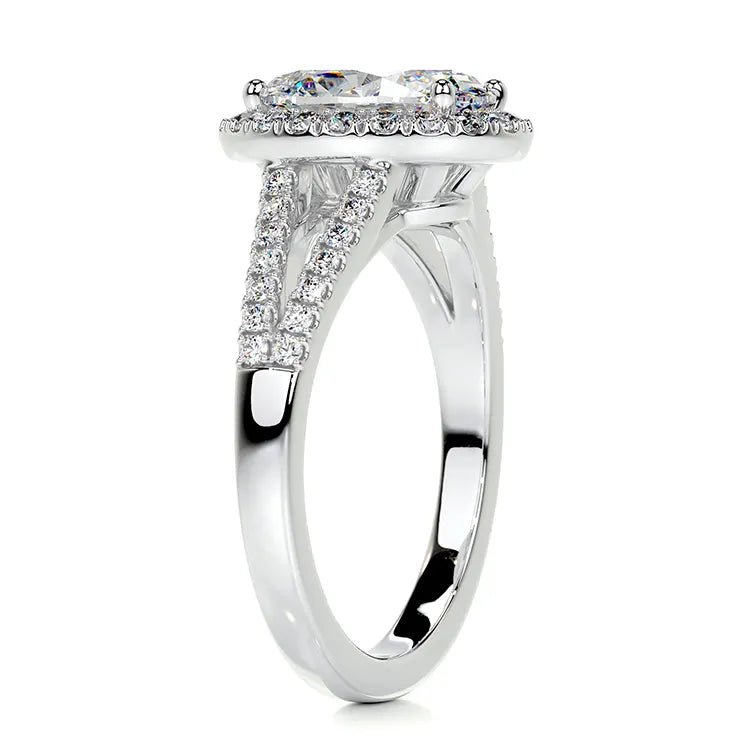 2 Carat Oval Cut Moissanite Halo Split Shank Engagement Ring in 18 Karat White Gold - Boutique Pavè