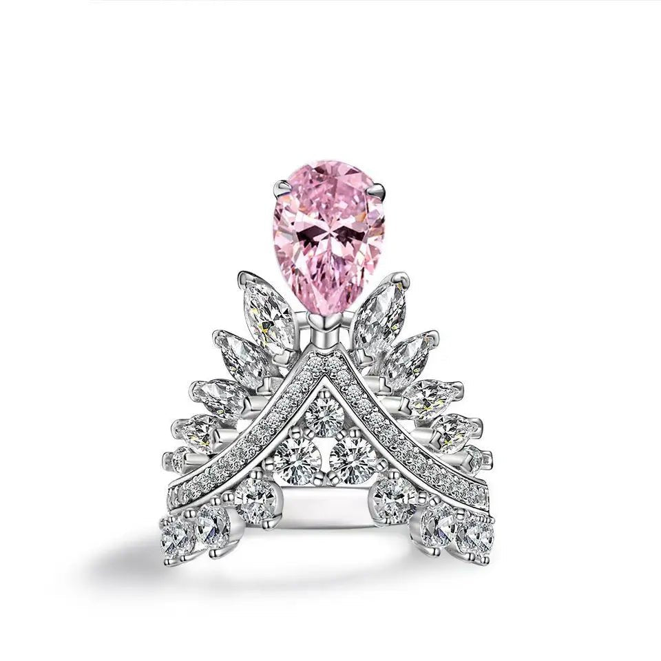 2 Carat Pear Cut Fancy Pink Cubic Zirconia Feather Crown Engagement Ring in Platinum Plated Sterling Silver - Boutique Pavè