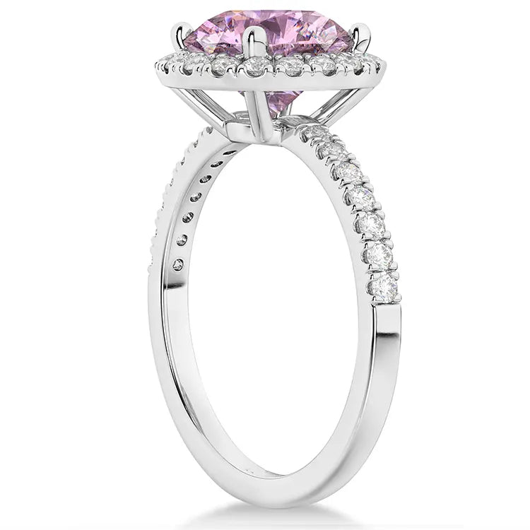 2 Carat Round Cut Fancy Pink Moissanite Halo Engagement Ring in 18 Karat White Gold - Boutique Pavè