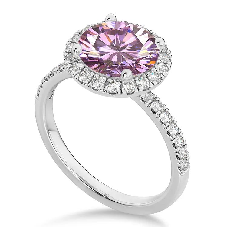 2 Carat Round Cut Fancy Pink Moissanite Halo Engagement Ring in 18 Karat White Gold - Boutique Pavè