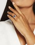 2 Carat Round Cut Lab Created Sapphire and Moissanite Three Stone Engagement Ring in 14 Karat White Gold - Boutique Pavè