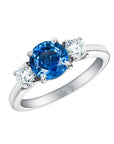 2 Carat Round Cut Lab Created Sapphire and Moissanite Three Stone Engagement Ring in 14 Karat White Gold - Boutique Pavè