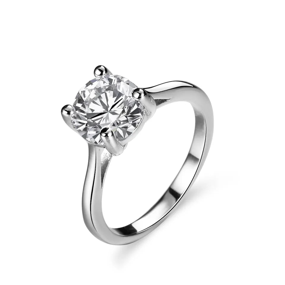 2 or 3 Carat Brilliant Round Cut Moissanite Classic Solitaire Engagement Ring in Platinum Plated Sterling Silver - Boutique Pavè