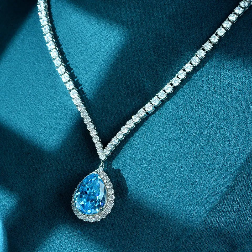 20 Carat Pear Cut Blue Cubic Zirconia Statement Necklace in Platinum-Plated Sterling Silver - Boutique Pavè