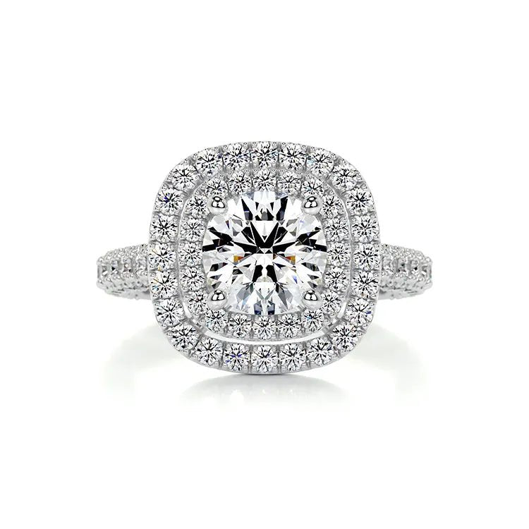 2.25 Carat Brilliant Round Moissanite Double Halo Engagement Ring in Platinum - Boutique Pavè
