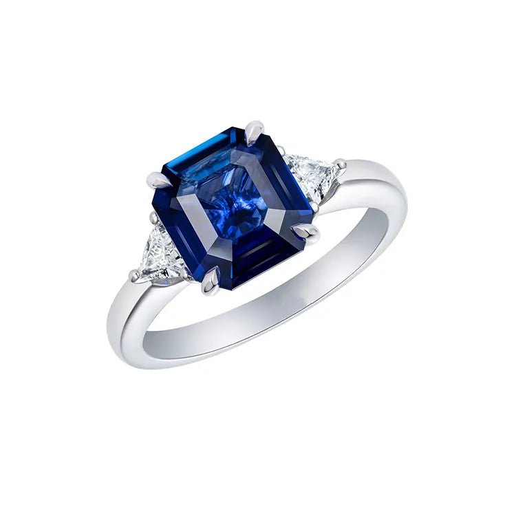 2.4 Carat Asscher Cut Lab Created Sapphire and Moissanite Accent Solitaire Engagement Ring in 14 Karat White Gold - Boutique Pavè