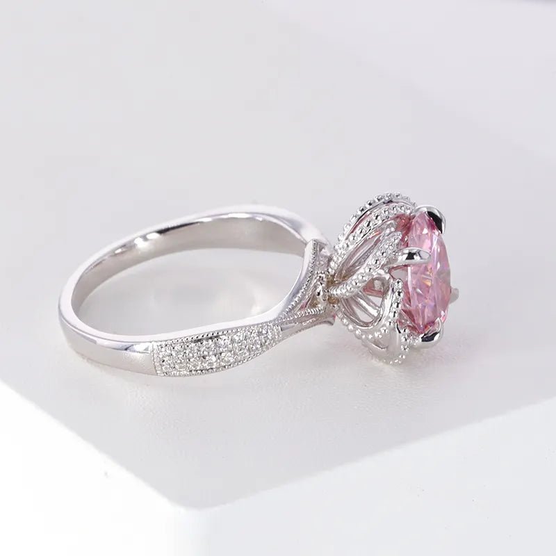 2.5 Carat Brilliant Round Cut Fancy Pink Moissanite Vintage Halo Engagement Ring in 18 Karat White Gold - Boutique Pavè