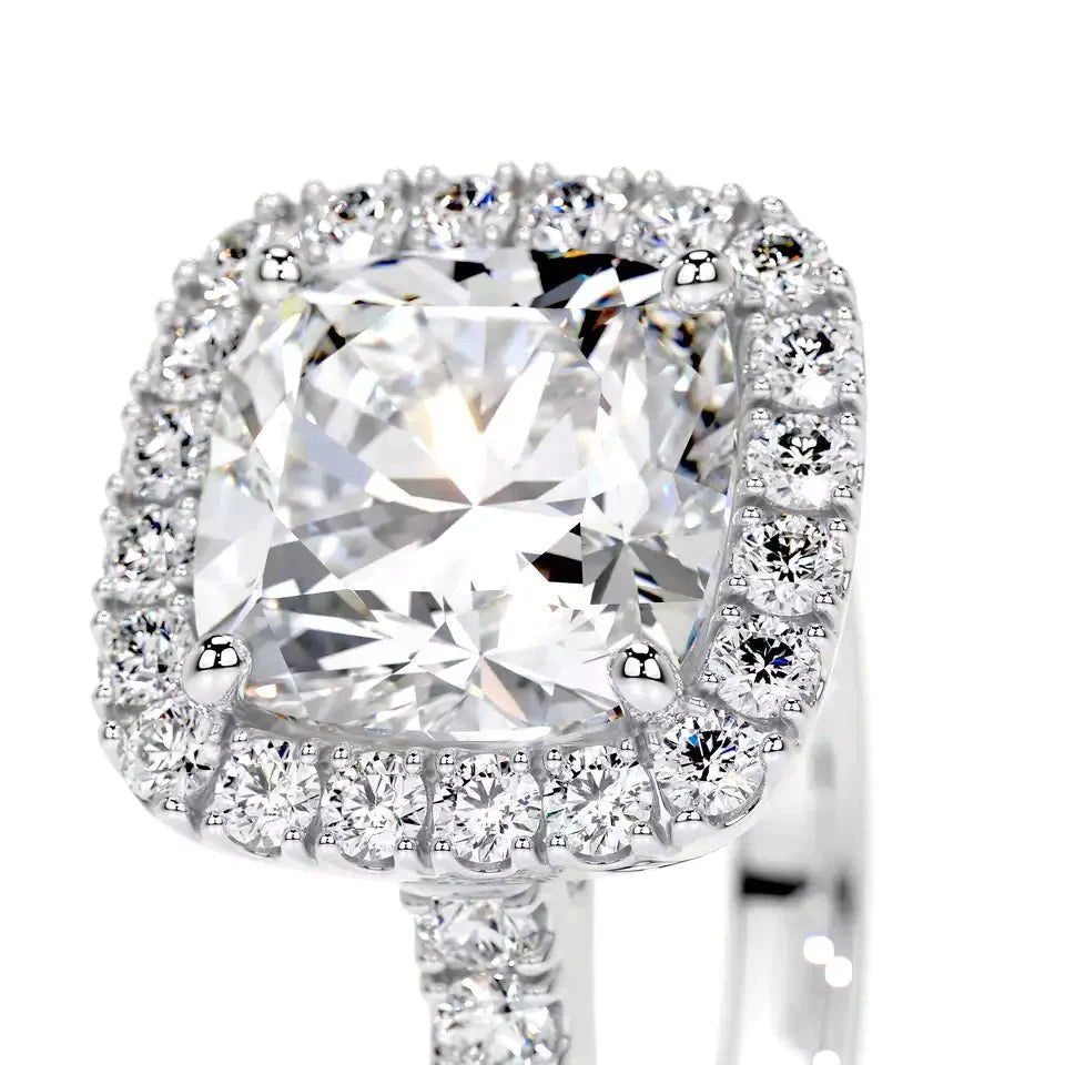 2.5 Carat Cushion Cut Lab Created Diamond Halo Engagement Ring in 14 Karat White Gold - Boutique Pavè