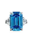 25 Carat Emerald Cut Fancy Blue Cubic Zirconia Statement Ring in Platinum Plated Sterling Silver - Boutique Pavè