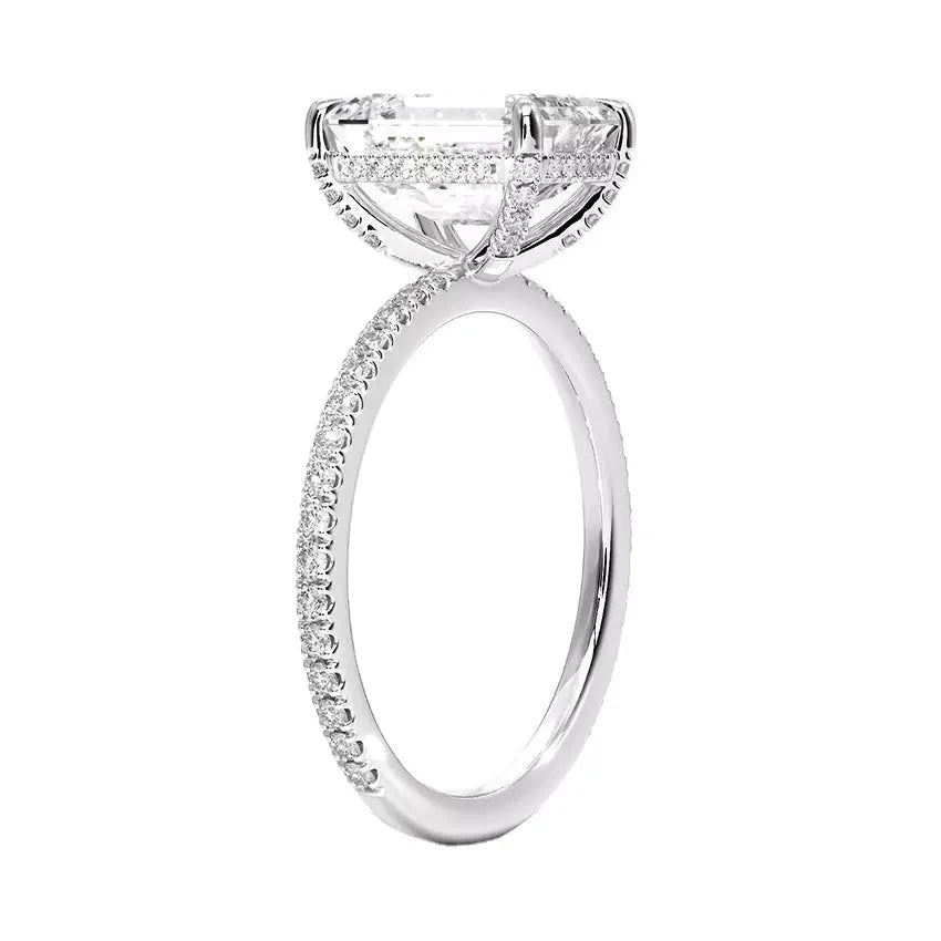2.5 Carat Emerald Cut Lab Created Diamond Pave Hidden Halo Engagement Ring in 18 Karat White Gold - Boutique Pavè