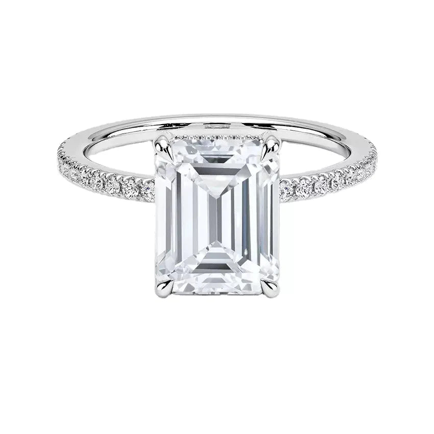 2.5 Carat Emerald Cut Lab Created Diamond Pave Hidden Halo Engagement Ring in 18 Karat White Gold - Boutique Pavè