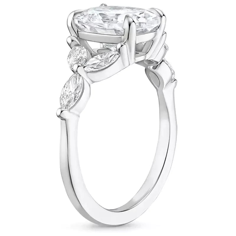 2.5 Carat Oval Cut Lab Created Diamond and Marquis Accent Engagement Ring in 18 Karat White Gold - Boutique Pavè