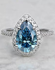 2.70 Carat Pear Cut Fancy Blue Lab Created Diamond Halo Engagement Ring 14 Karat White Gold - Boutique Pavè