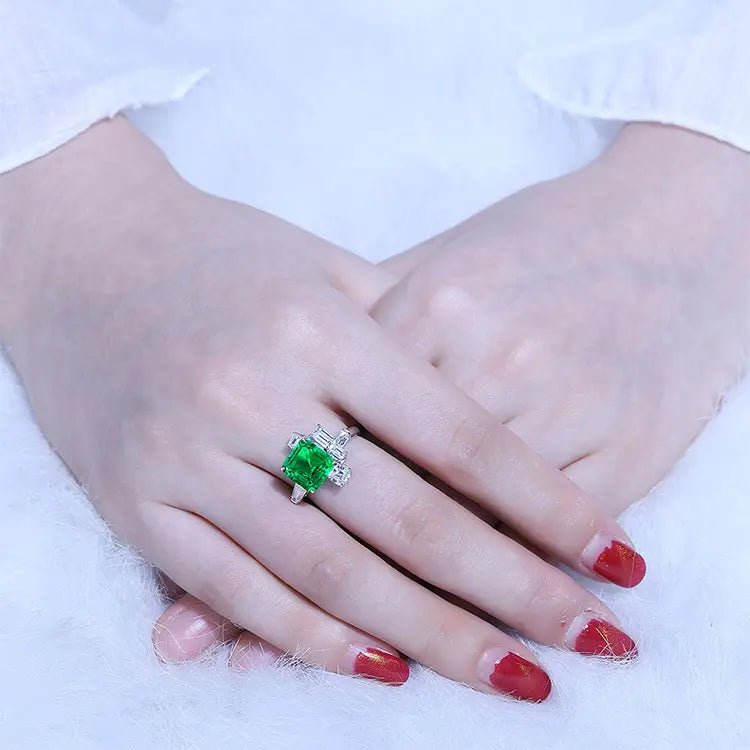 3 Carat Asscher Cut Lab Created Emerald Contemporary Statement Ring in 18 Karat Gold - Boutique Pavè