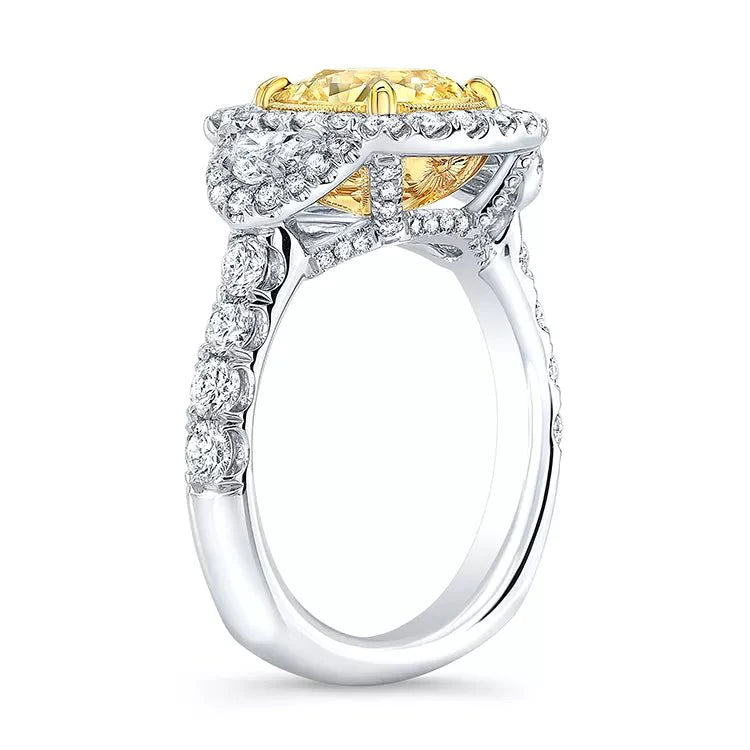 3 Carat Cushion Cut Canary Yellow Moissanite Halo Engagement Ring in 14 Karat White Gold - Boutique Pavè