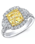 3 Carat Cushion Cut Canary Yellow Moissanite Halo Engagement Ring in 14 Karat White Gold - Boutique Pavè
