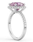 3 Carat Cushion Cut Fancy Pink Moissanite Halo Engagement Ring in 18 Karat White Gold - Boutique Pavè