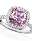 3 Carat Cushion Cut Fancy Pink Moissanite Halo Engagement Ring in 18 Karat White Gold - Boutique Pavè