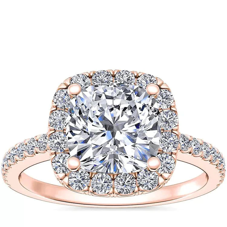 3 Carat Cushion Cut Moissanite Halo Engagement Ring in 14 Karat Rose Gold - Boutique Pavè